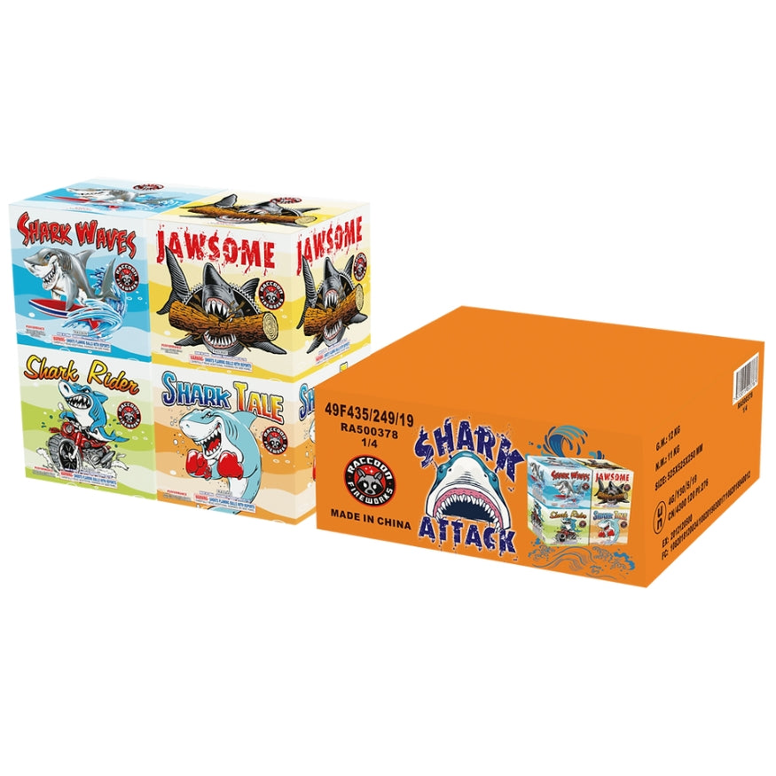 Shark Attack-Assorted Case | 43 Shot Aerial Repeater - Shark Waves - Jawsome - Shark Rider - Shark Tale