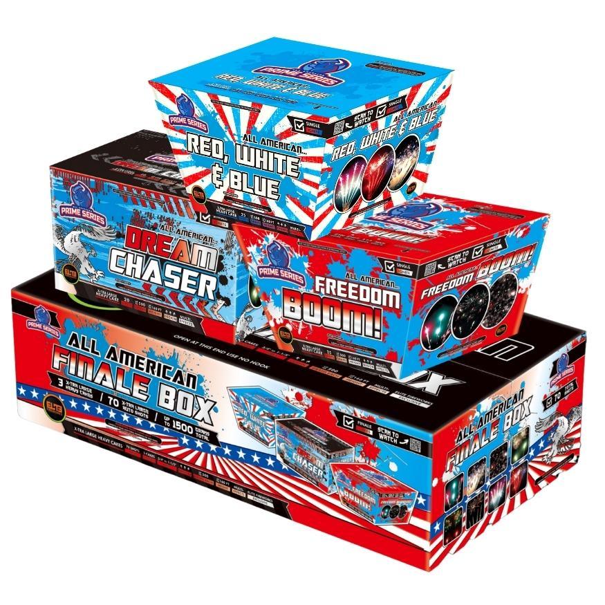 All American Finale Box™|70 Shot Box Kit™ - Dream Chaser™ - Freedom Boom!™ - Red, White & Blue by American Pro Series® -Shop Online for X-tra Large Cake™ at Elite Fireworks!