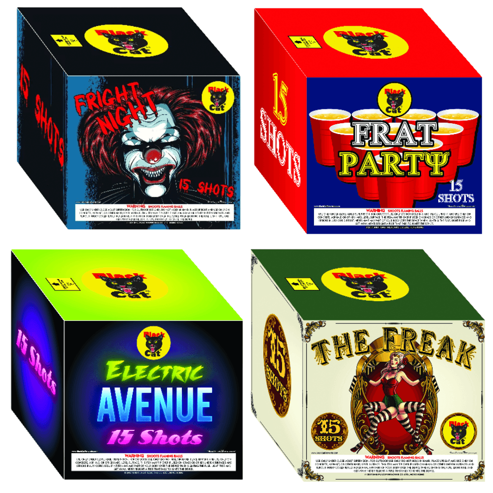 BC Combo Cakes | 60 Shot Box Kit™ - The Freak - Fright Night - Frat Party - Electric Avenue by Black Cat Fireworks -Shop Online for Large Cake at Elite Fireworks!