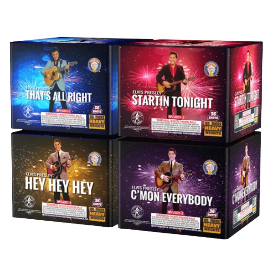 Elvis|144 Shot Box Kit™ - That's All Right - Hey Hey Hey - C'mon Everybody - Startin Tonight by Brothers Pyrotechnics -Shop Online for X-tra Large Cake™ at Elite Fireworks!