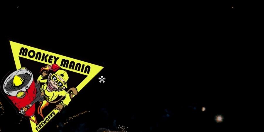 Monkey Mania Fireworks logo with a monkey wearing a hat and sunglasses riding an explosive. Click to shop Monkey Mania Fireworks products available at Elite Fireworks. Explosive fireworks backdrop. Logo features a yellow warning triangle sign on a black background.