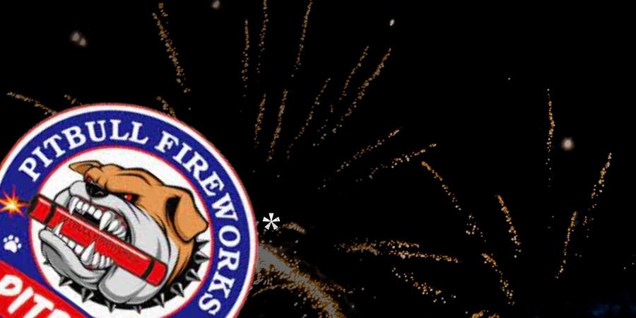 Pitbull Fireworks logo with an angry pitbull wearing a spiked collar and chewing a firecracker in red, blue, and white. Click to shop Pitbull Fireworks products available at Elite Fireworks. Explosive fireworks backdrop.