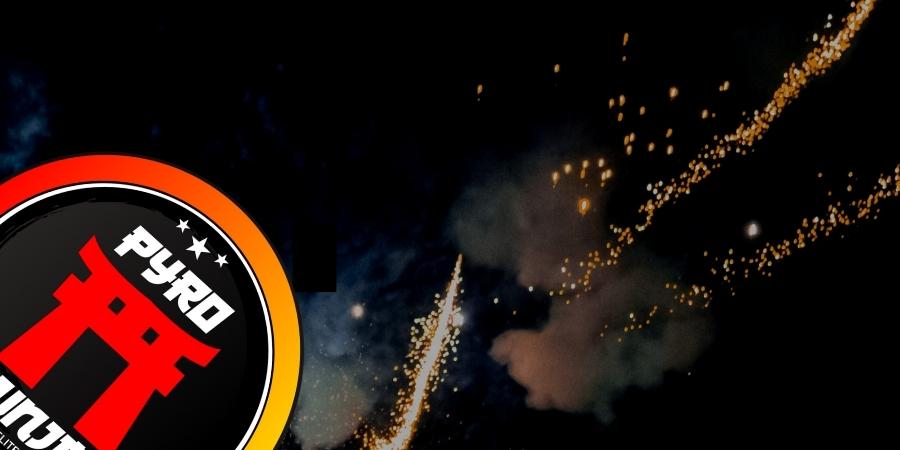 Pyro Jinja Fireworks logo with a traditional Shinto figure in red and black, featuring red, orange, yellow, and white colors. Click to shop Pyro Jinja Fireworks products available at Elite Fireworks. Explosive fireworks backdrop.