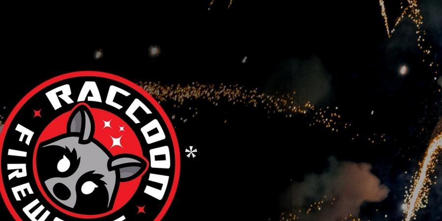 Raccoon Fireworks logo with a black and gray faceless raccoon and bold red, black, and white colors. Click to shop Raccoon Fireworks products available at Elite Fireworks. Explosive fireworks backdrop.
