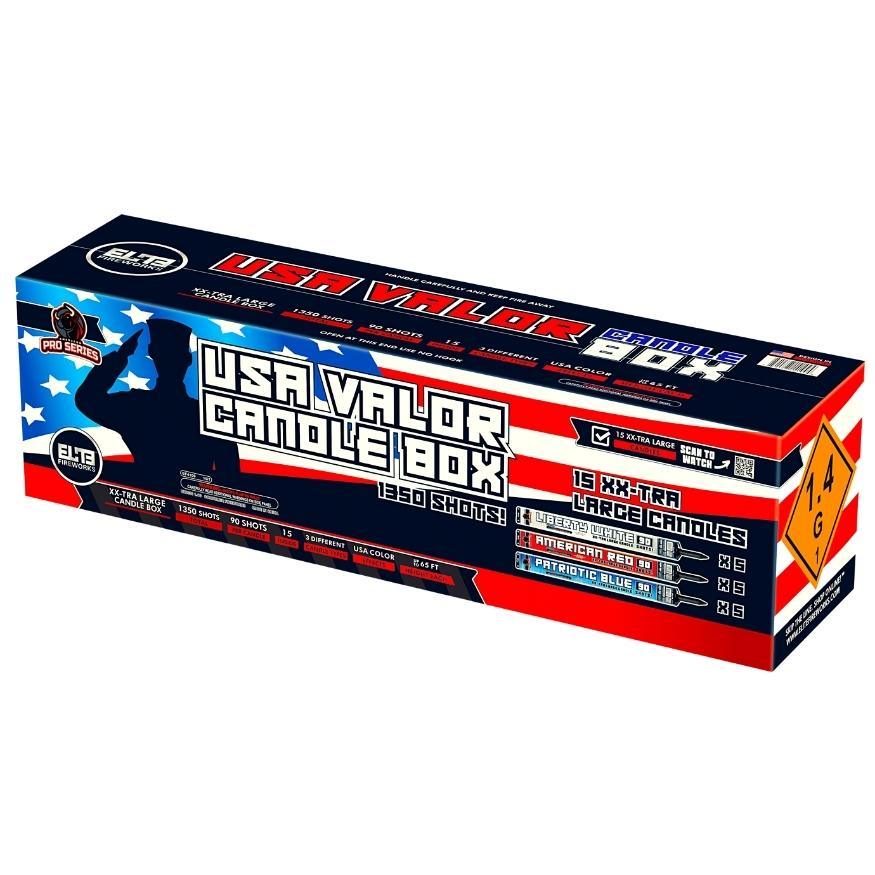 USA Valor Candle™ | 1350 Shot Box Kit™ - American Red™ - Liberty White™ - Patriotic Blue™ by American Pro Series® -Shop Online for X-tra Large Candle™ at Elite Fireworks!