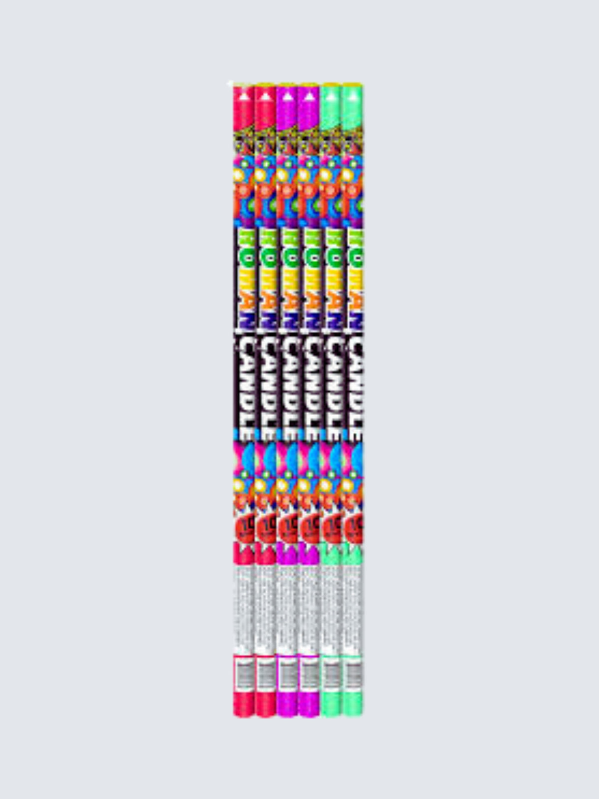 Monkey Mania pack of six 10-shot Roman candle fireworks in colorful red, green, and purple packaging.