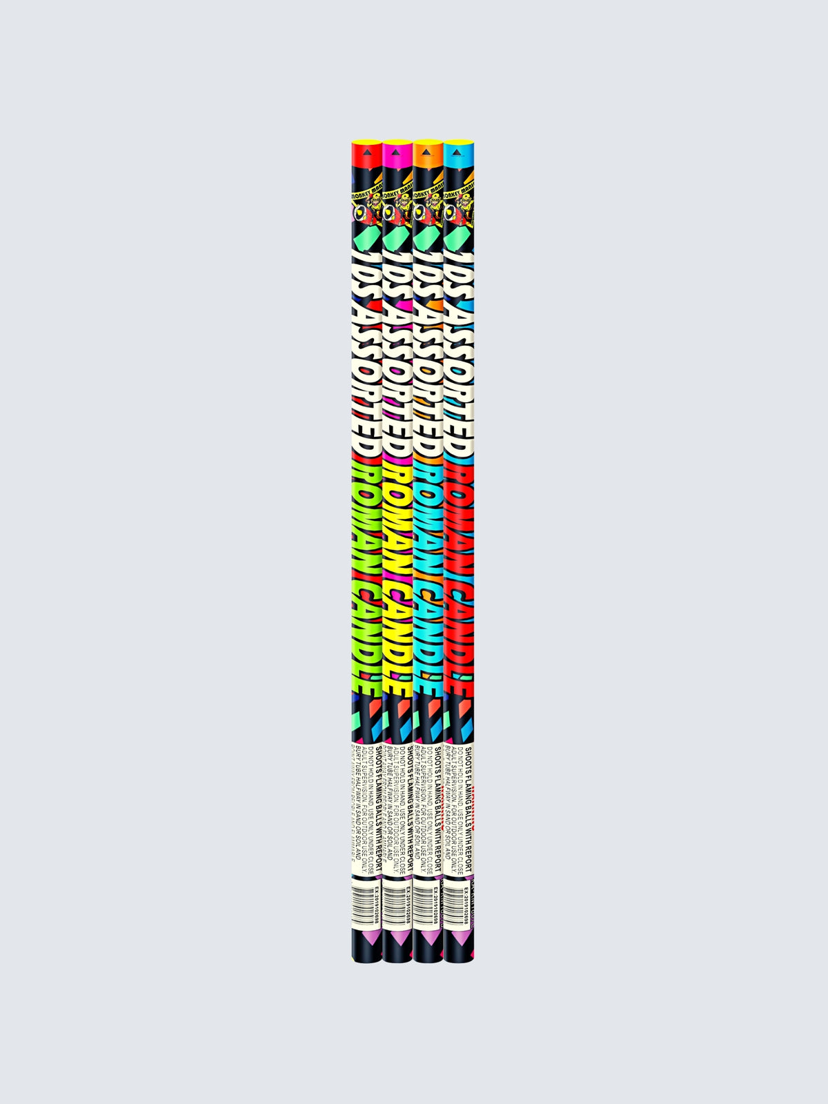 Super Assorted Roman Candle fireworks featuring four colorful tubes with bold multicolor packaging