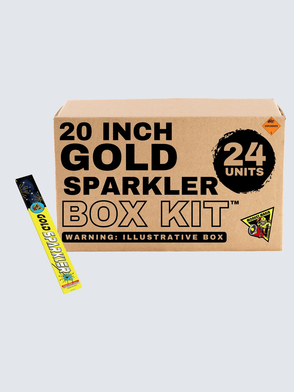 Monkey Mania 20-inch gold metal sparkler box kit with 24 units and sparkler effects on yellow and black packaging.