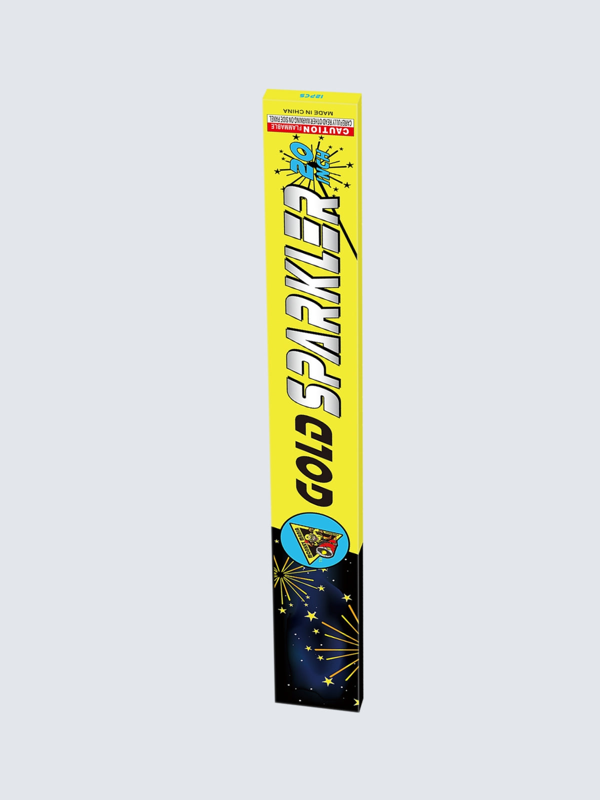 Monkey Mania 20-inch gold metal handheld sparkler with sparkler effects on yellow and black packaging.