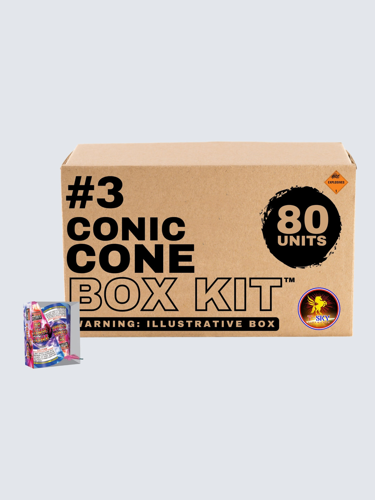 T-Sky Fireworks #3 Conic Cone fountain box kit with 80 units, a brown carton and colorful geometric packaging.