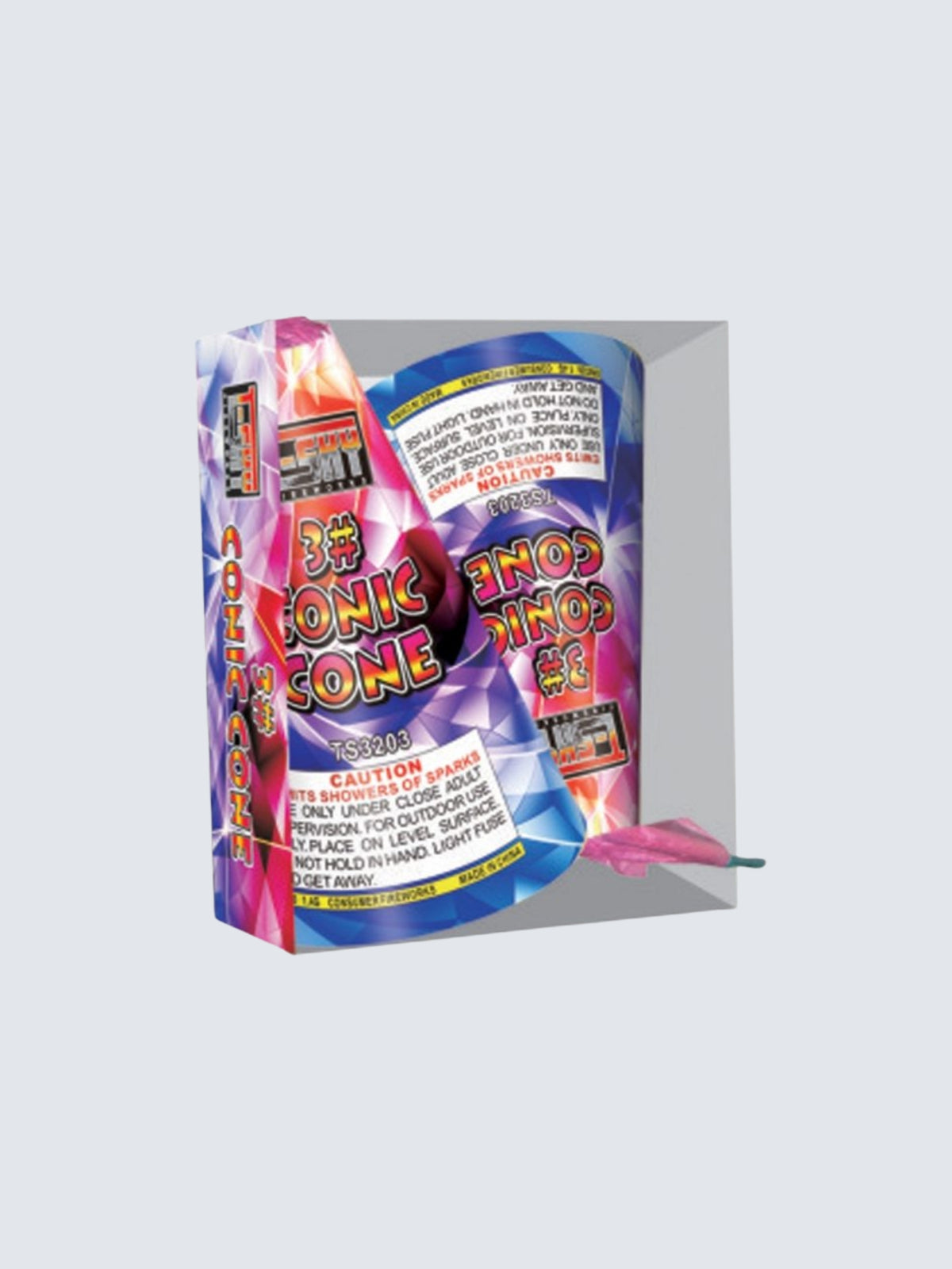 3-inch Conic Cone fountains by T-Sky Fireworks in a two-pack with pink, purple and blue geometric packaging.