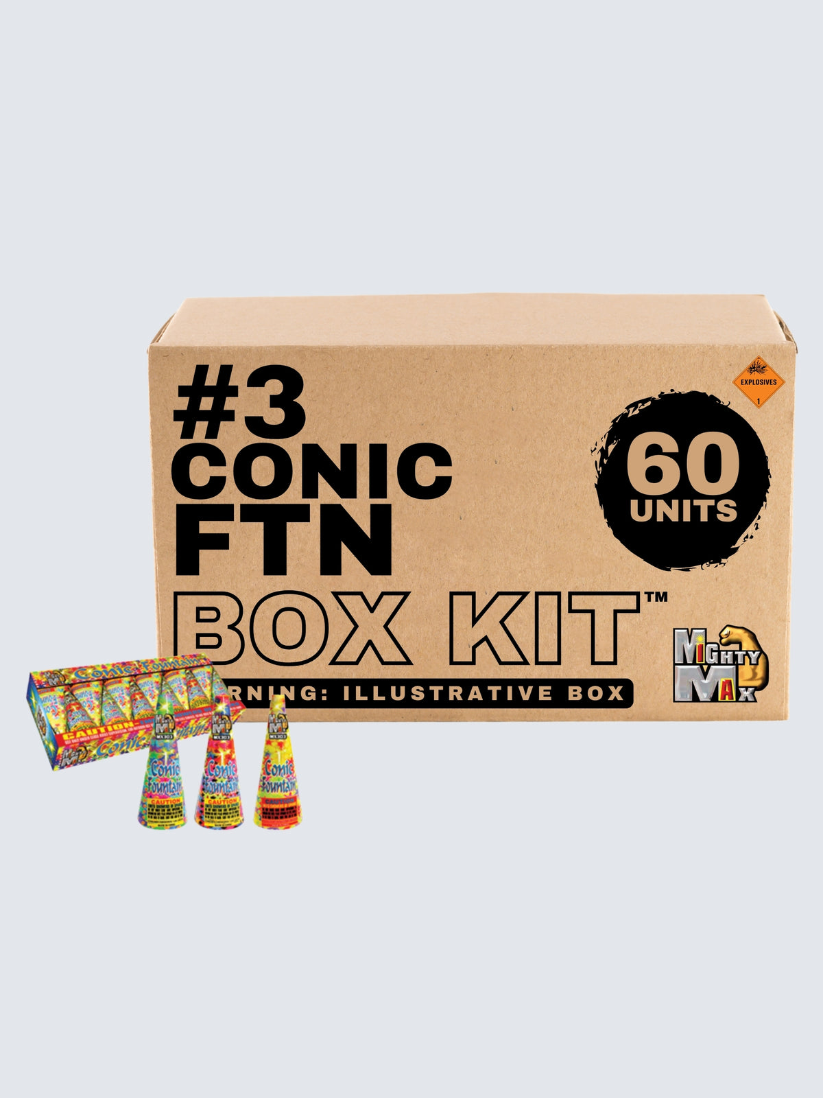 Cone fountain fireworks box kit with 60 units in bright yellow, red, blue, and green packaging.