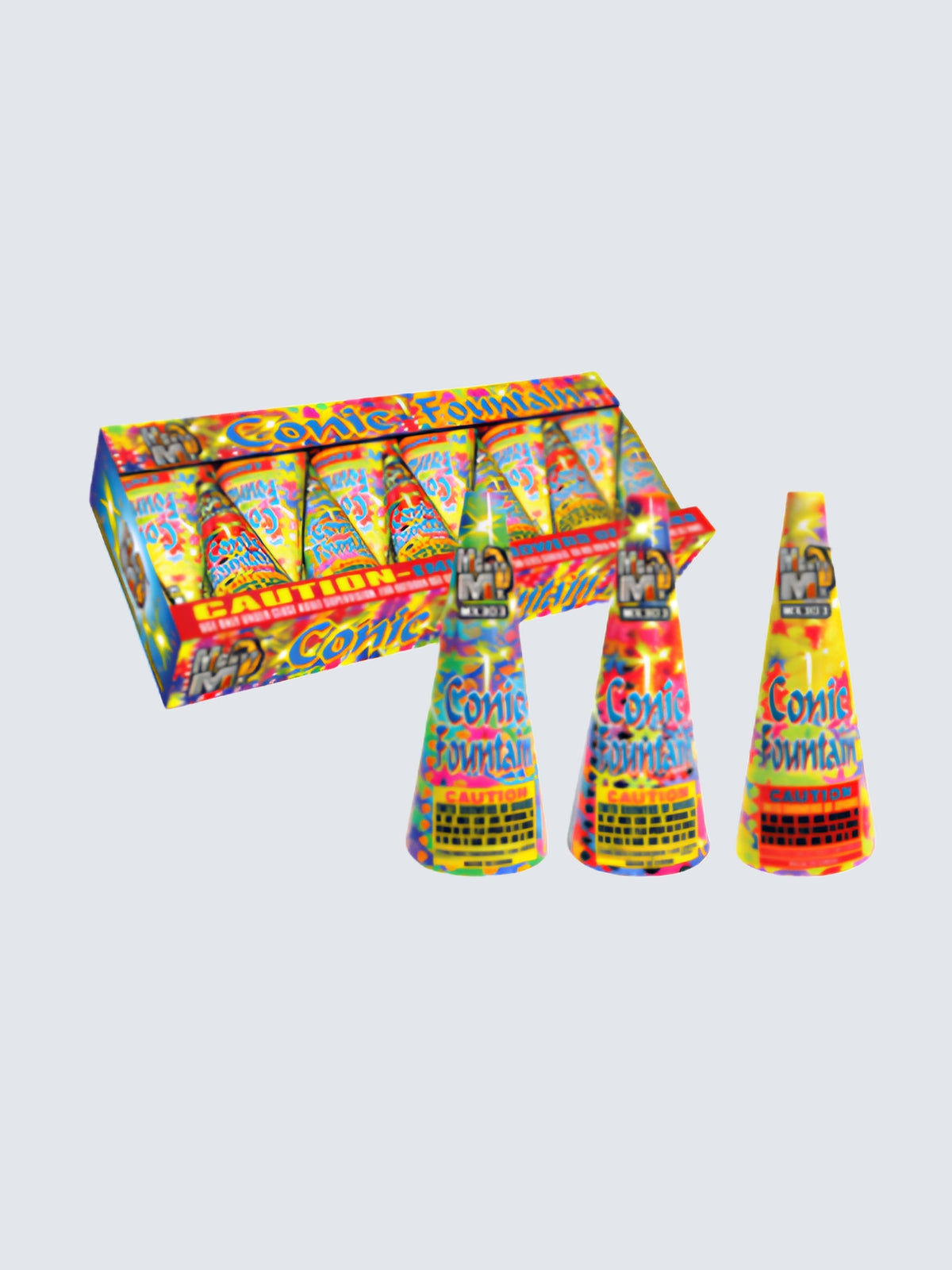 Conic fountain fireworks with bright yellow, red, blue, and green packaging.