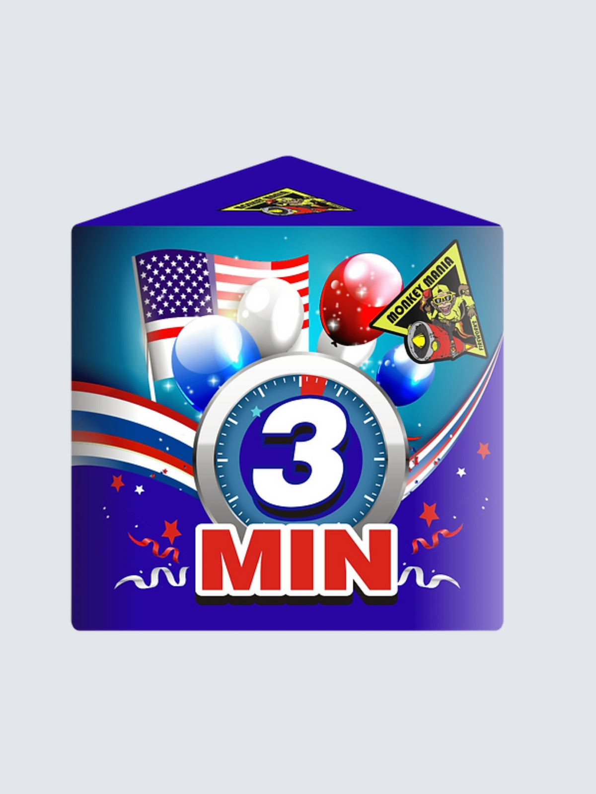 3 min large shower fountain spurt by Monkey Mania includes patriotic flag balloons and red and blue stripes.