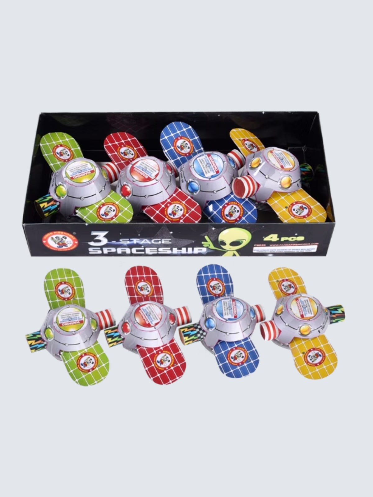 3 Stage Spaceship aerial novelty by Winda Fireworks, shaped like a satellite UFO in red, green, blue, and yellow.