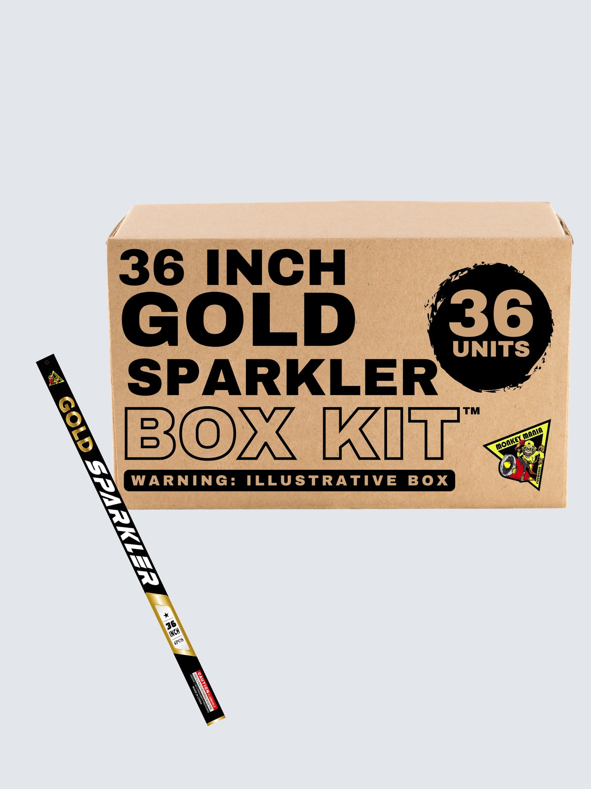 Monkey Mania 36-inch gold metal handheld sparkler box kit with 36 units in gold and black packaging.