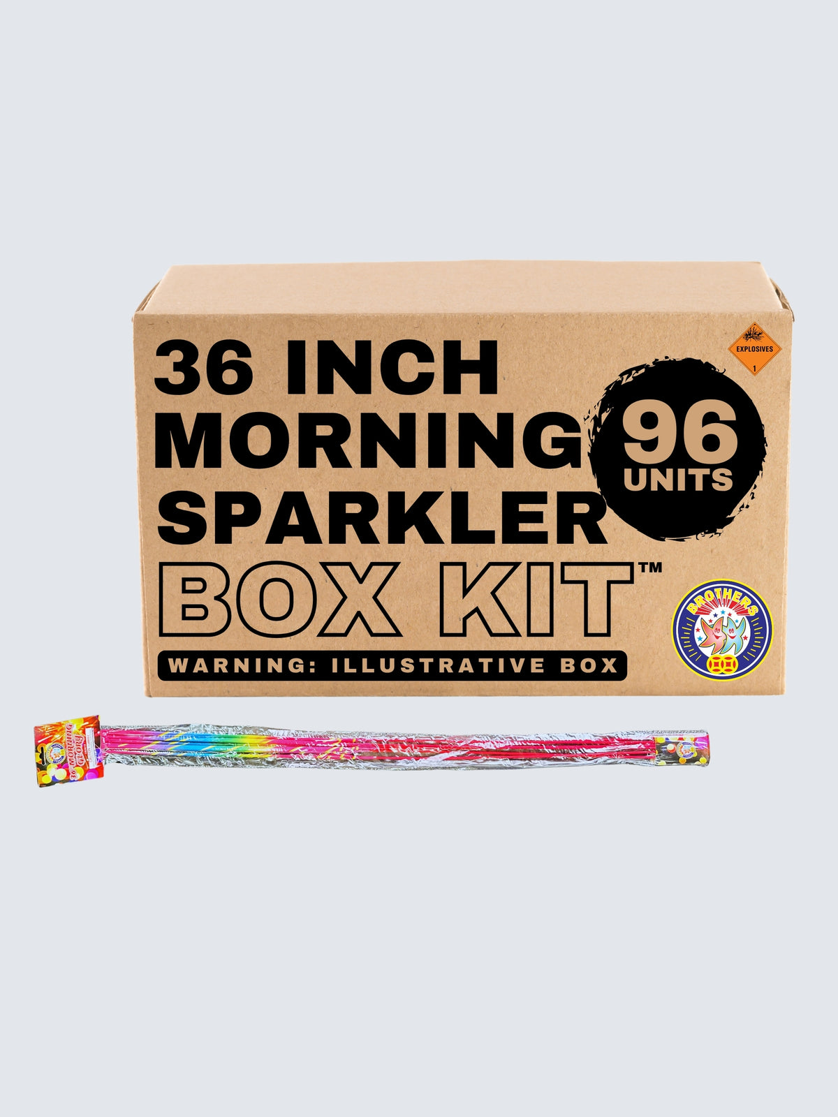 Brothers Fireworks 36-inch Jumbo Morning Glory gold bamboo sparklers box kit with 96 units and colorful sparkler artwork.