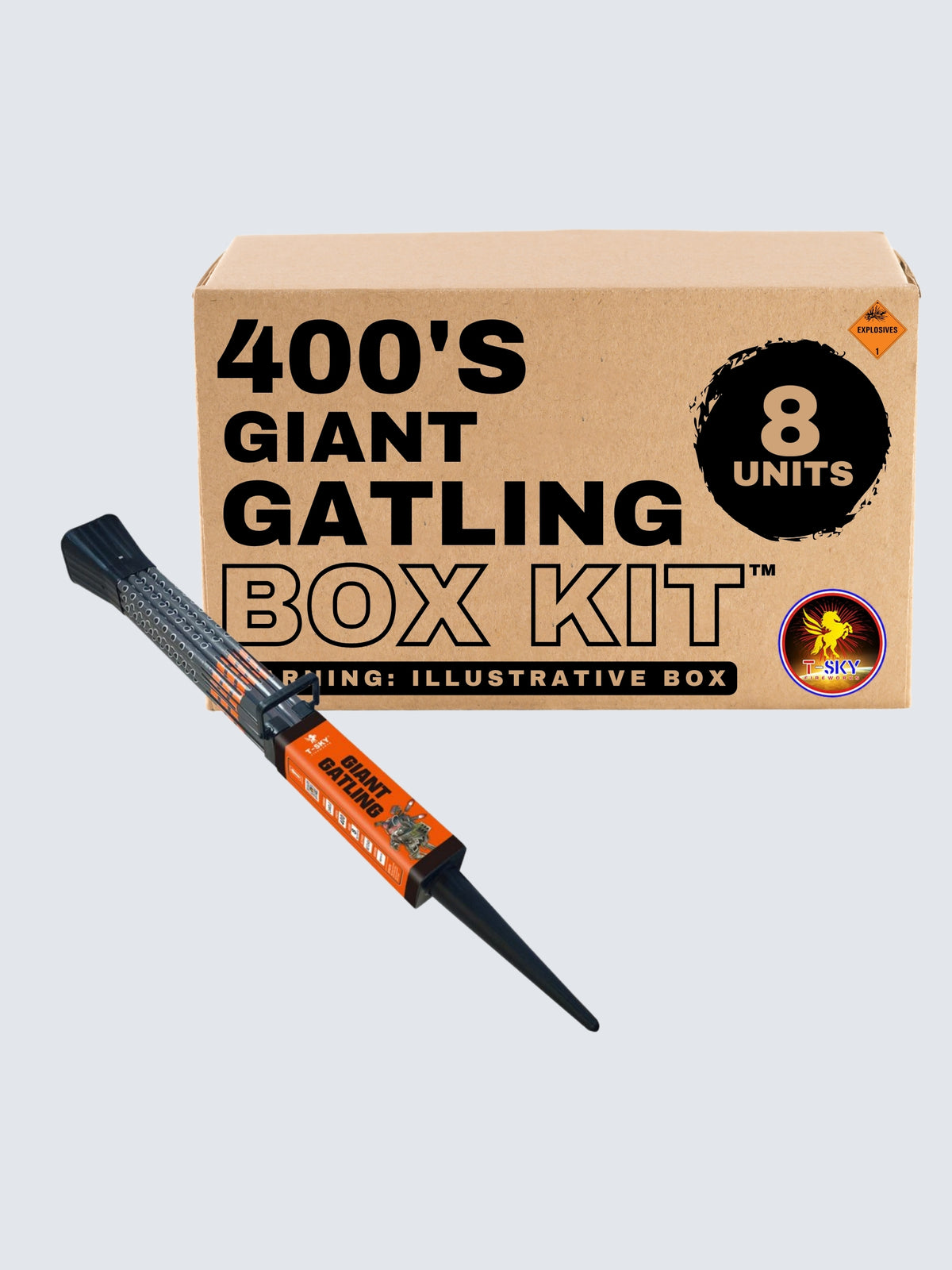 Giant Gatling 400-shot firework box kit by T-Sky Fireworks with 8 units, bundled black tubes, a carrying handle, ground stake, and orange soldier-themed packaging.
