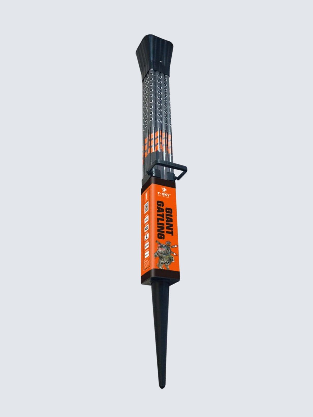 Giant Gatling firework by T-Sky Fireworks with bundled black tubes, a carrying handle, pointed ground stake, and orange packaging featuring soldier artwork.