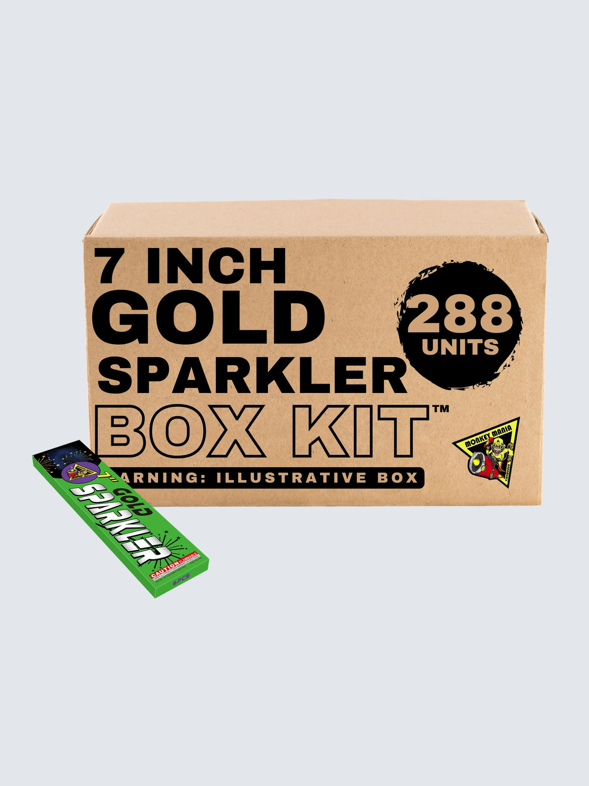 Monkey Mania 7-inch gold metal sparkler box kit with 288 units and sparkler effects on green and black packaging.