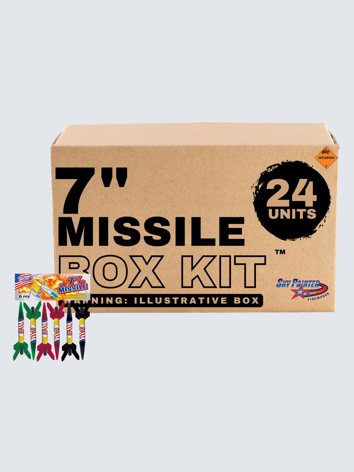 7-Inch Rocket Fireworks Box Kit by Sky Painter Fireworks includes 24 units with colorful rockets and patriotic packaging.