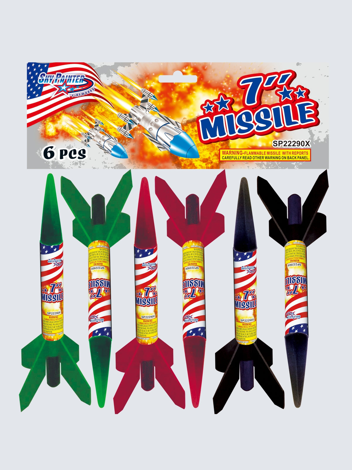 7-Inch Missile Rocket Fireworks 6-Pack by Sky Painter Fireworks, featuring green, red, and black rockets with patriotic American flag packaging.