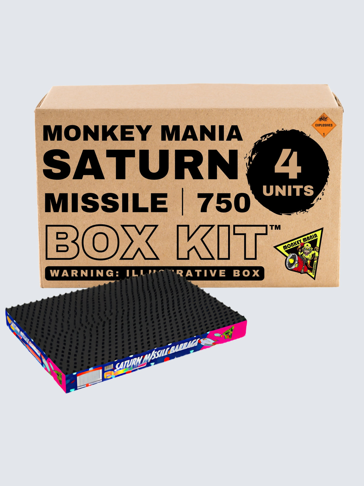 Box kit of saturn missile battery, colorful space themed packaging. Include 4 units with 750 shots each.