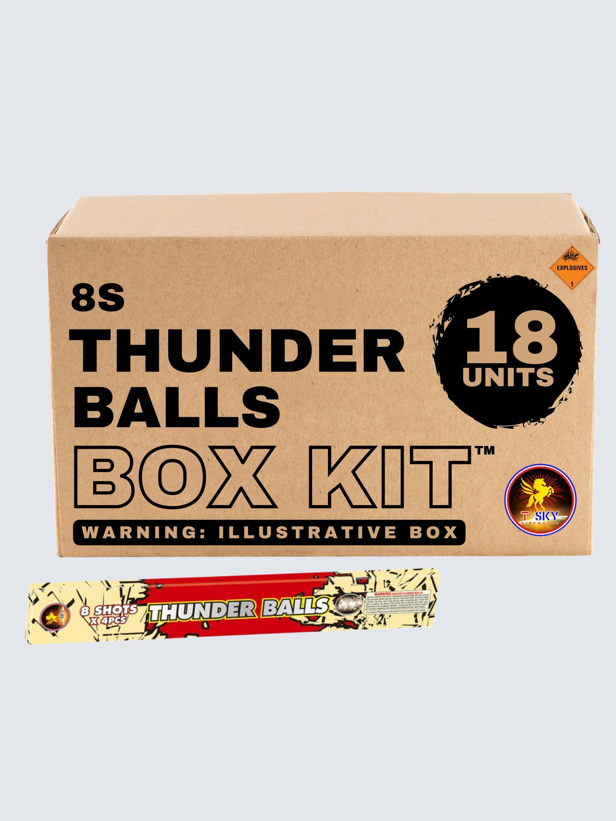 Thunder Balls 8-shot Roman candle box kit by T-Sky Fireworks with 18 units and red and cream packaging featuring bold lettering and cracked patterns.