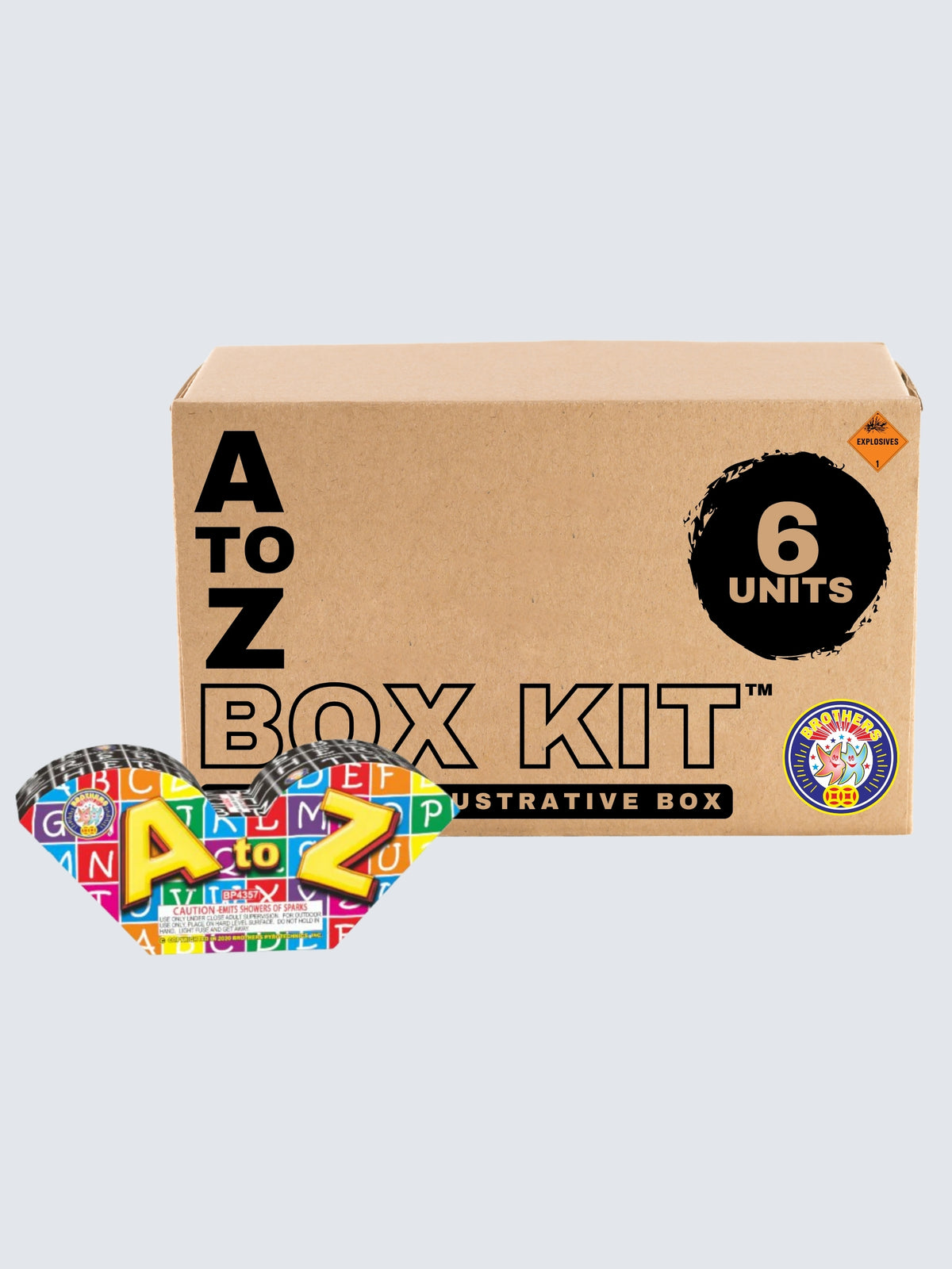 A to Z shower fountain box kit by Brothers Fireworks with six units and colorful alphabet-themed packaging.