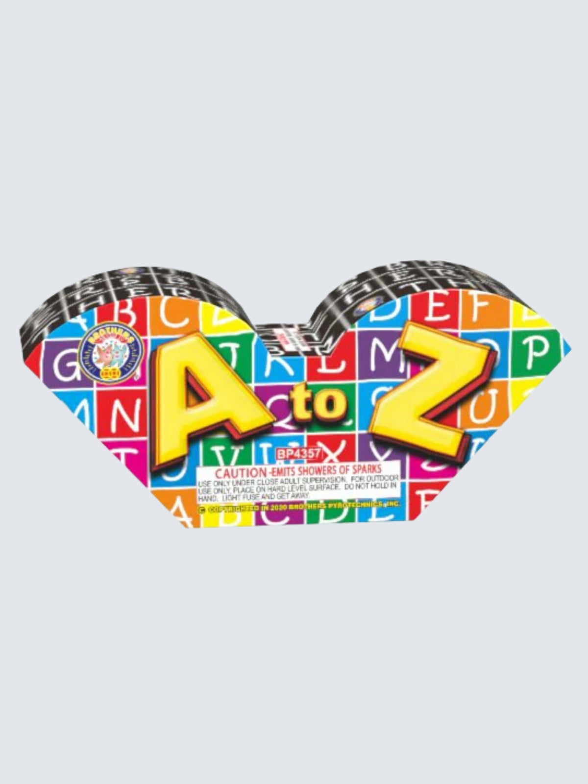 A to Z shower fountain by Brothers Fireworks with colorful alphabet-themed box art.