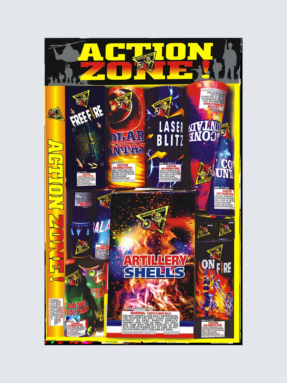 Action Zone fireworks assortment by Monkey Mania, featuring artillery shells, fountains, and assorted colorful fireworks.
