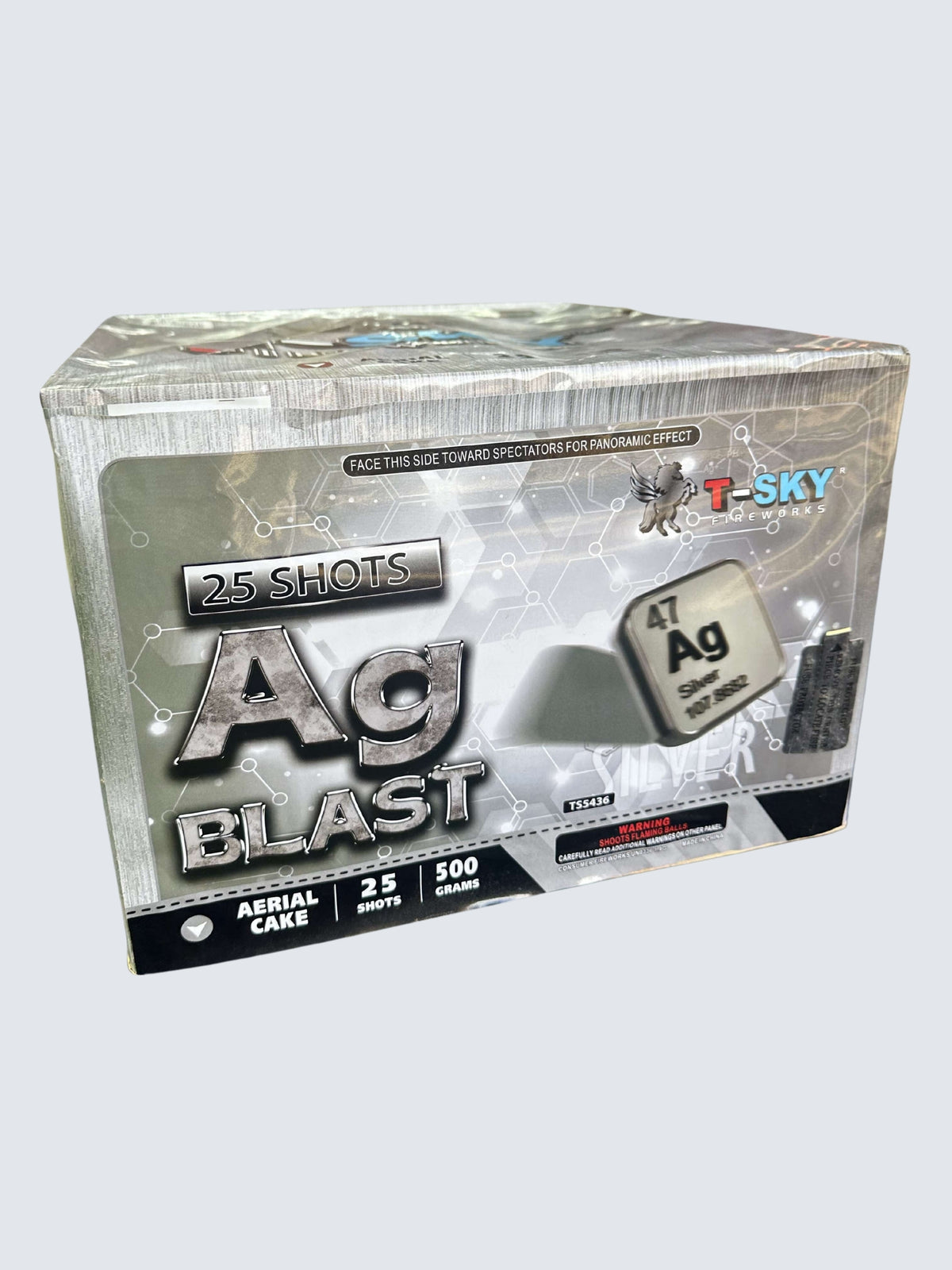 Ag Blast 25-shot 500-gram aerial cake by T-Sky Fireworks features silver packaging with molecular graphics and an Ag element symbol.