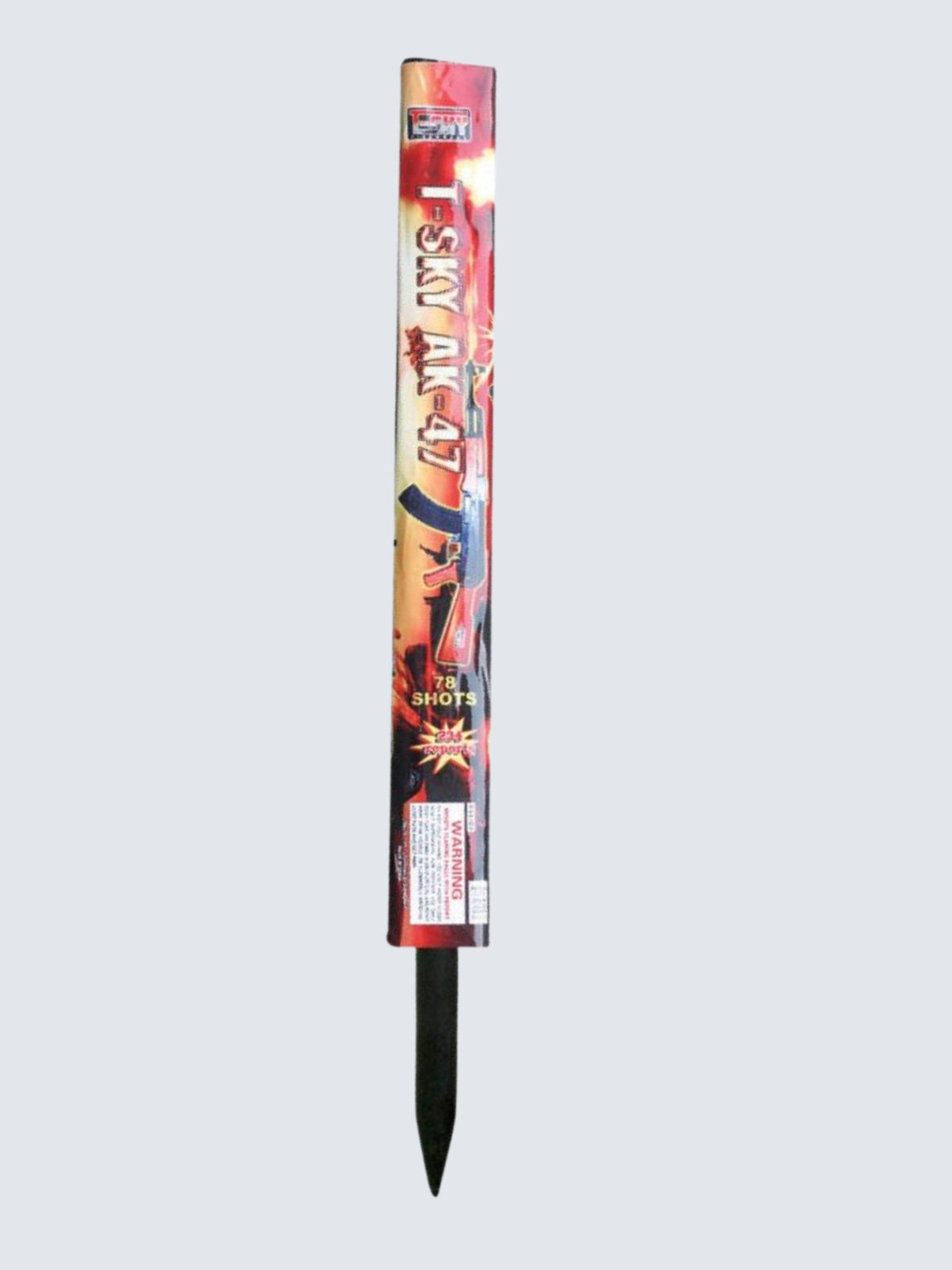T-Sky Fireworks AK-47 78-shot barrage candle with gun artwork against a red sky on the packaging.