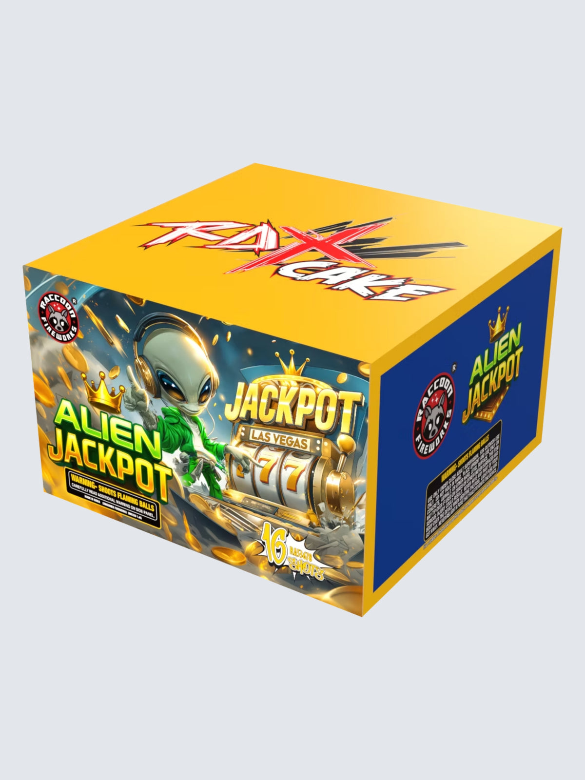 Unit of Alien Jackpot large cake fireworks, includes 16 shots.Packaging shows an Alien with a golden slot machine.