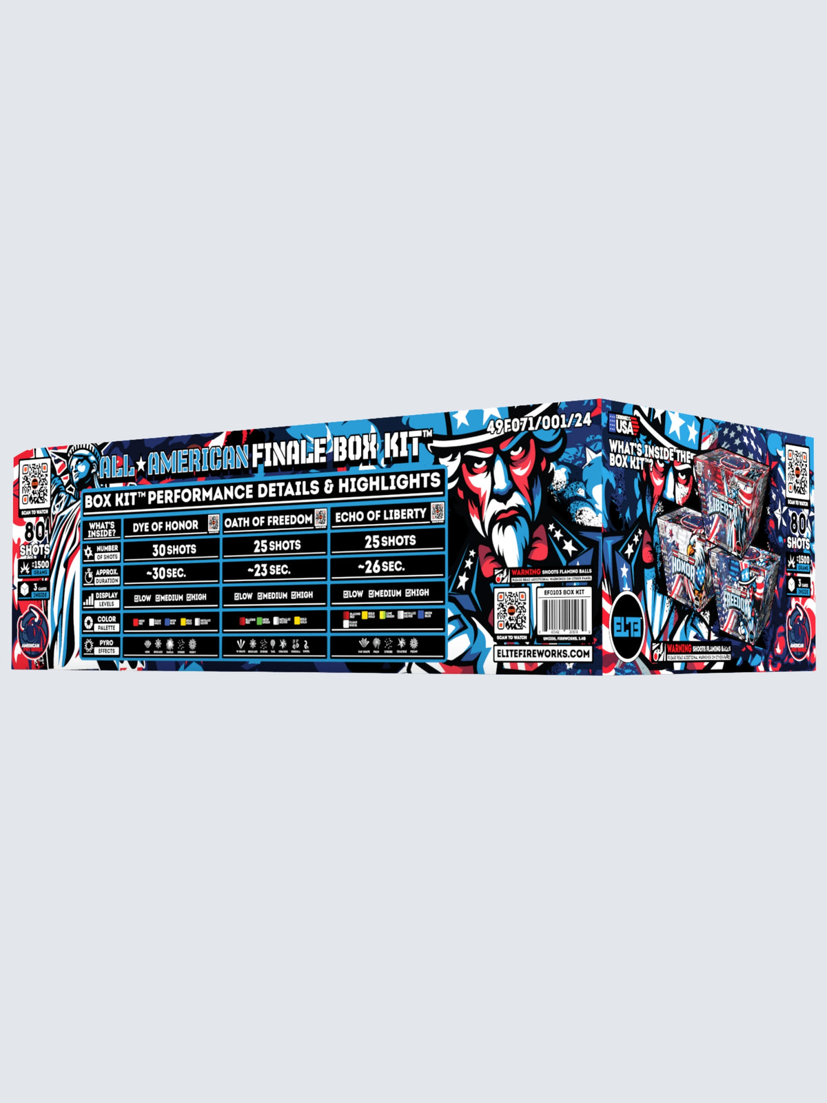Box kit of All American Finale, includes 80 shots total with 3 cake fireworks. Packaging shows an american eagle with patriotic colors.