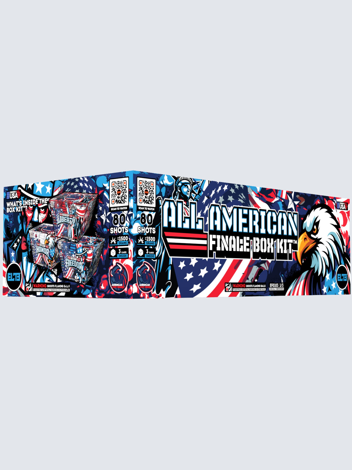 Box kit of All American Finale, includes 80 shots total with 3 cake fireworks. Packaging shows an american eagle with patriotic colors.