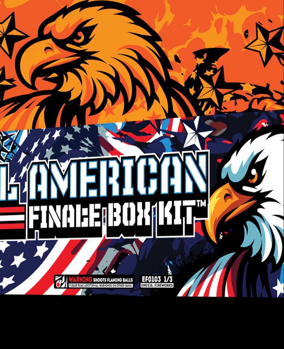 American Finale Box Kit promotional image featuring a fierce bald eagle with red, white, and blue patriotic artwork, set against a bold orange-and-black eagle and star background.