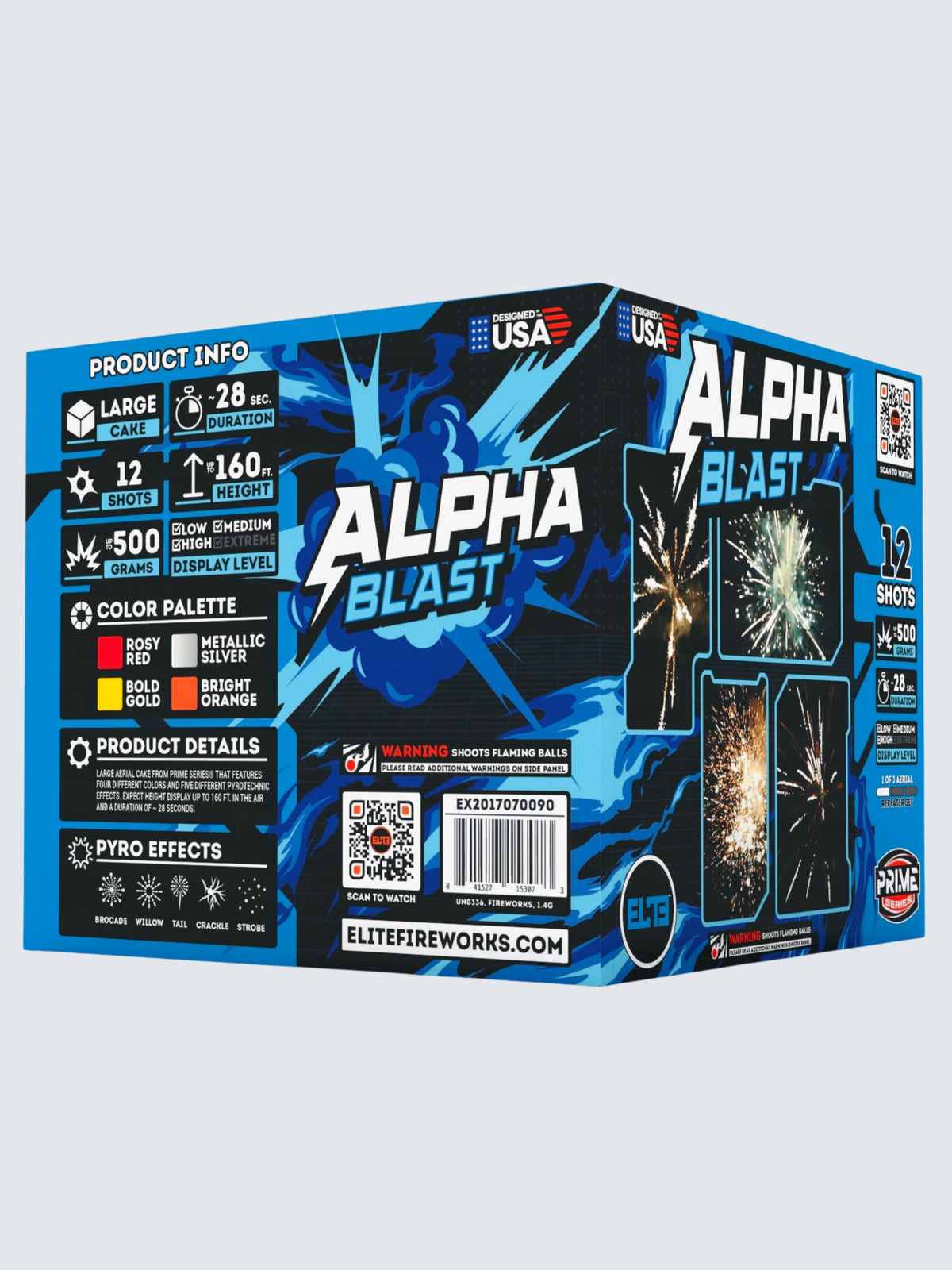 Unit of Alpha Blast large cake fireworks. Includes 12 shots and packaging shows blue patterns. 