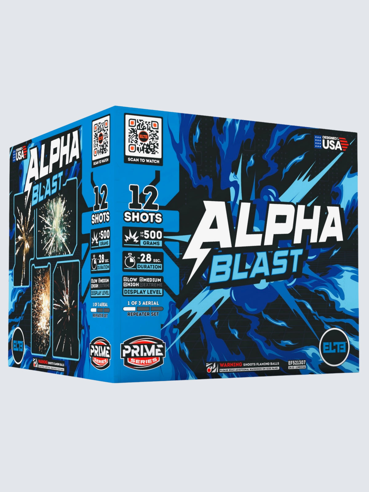 Unit of Alpha Blast large cake fireworks. Includes 12 shots and packaging shows blue patterns. 