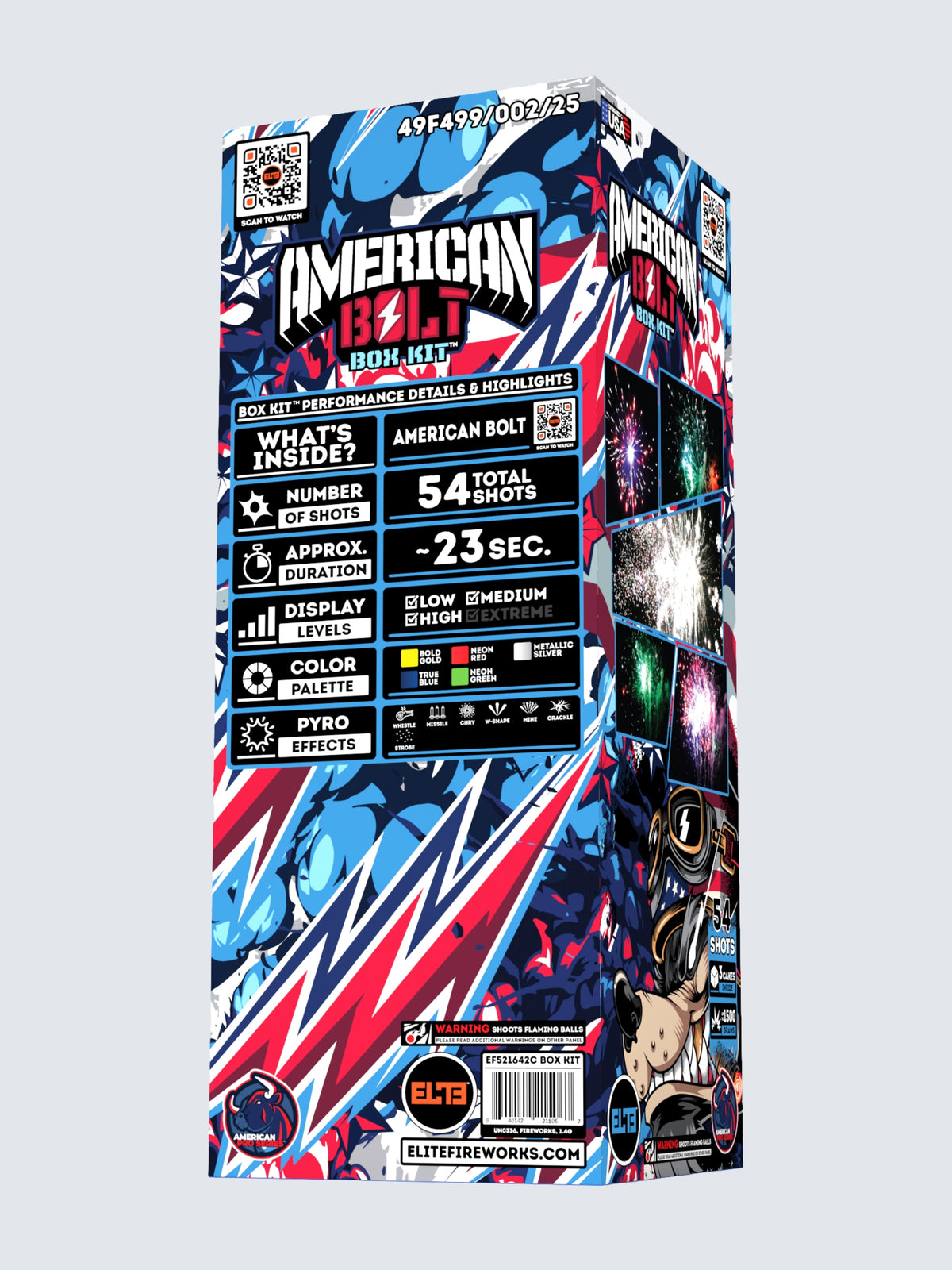 American Bolt box kit packaging with colorful design that features 3 large fireworks cakes.