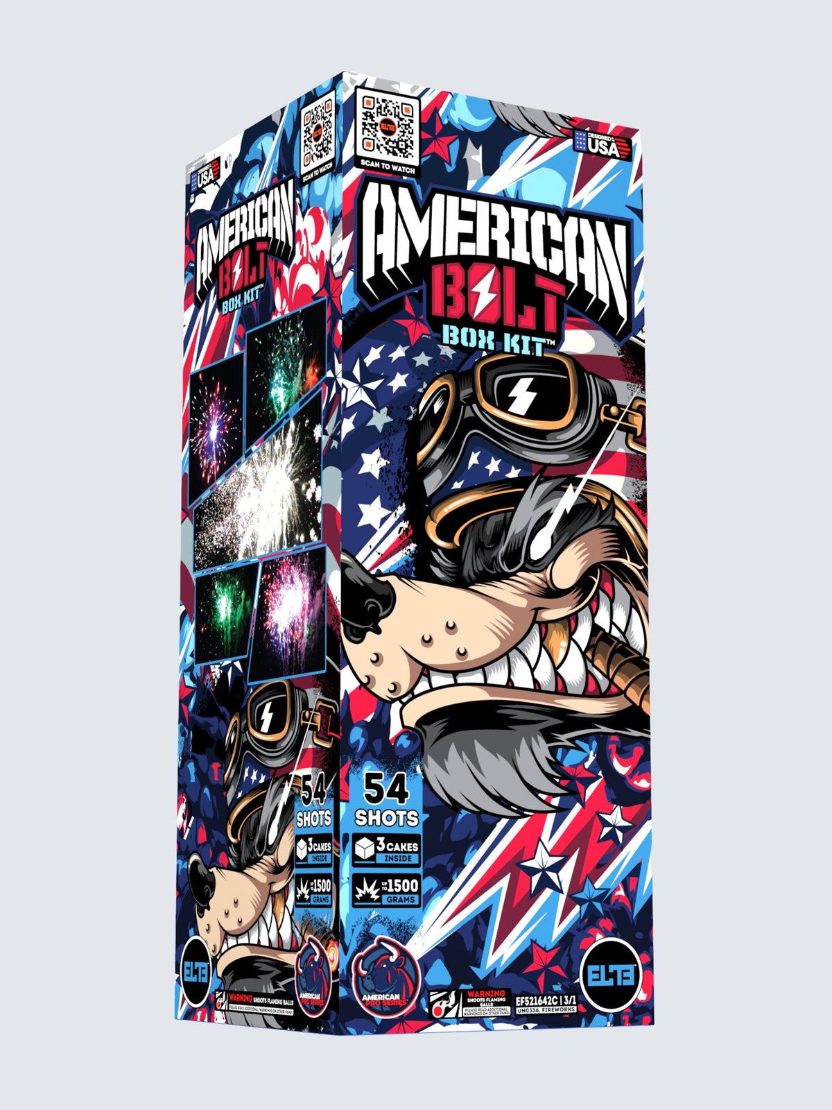 American Bolt box kit packaging with colorful design that features 3 large fireworks cakes.
