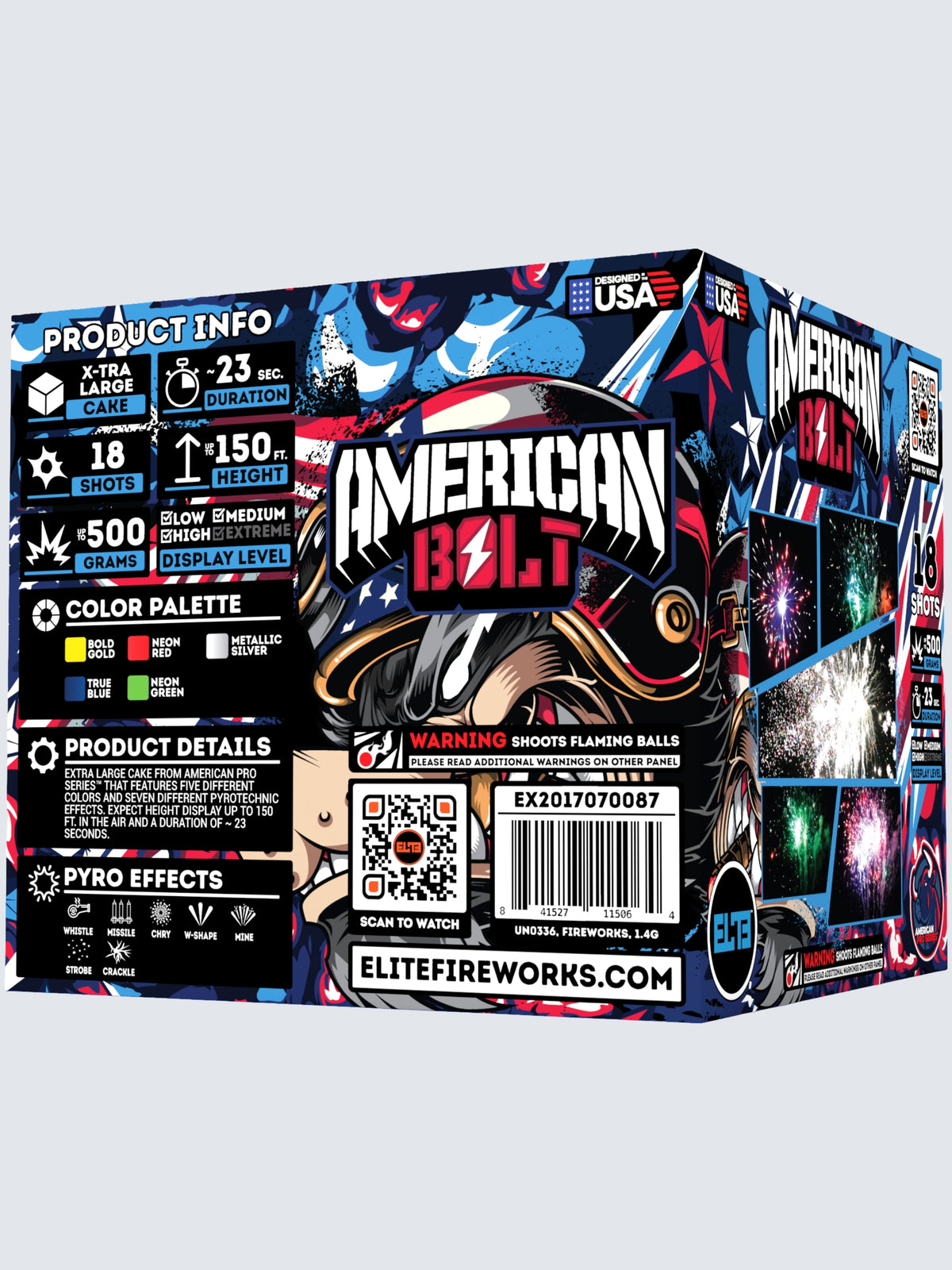 Unit of American Bolt large cake fireworks. Includes 18 shots and 500 grams. Packaging shows patriotic colors and flags, with a wolf smoking a cigar.