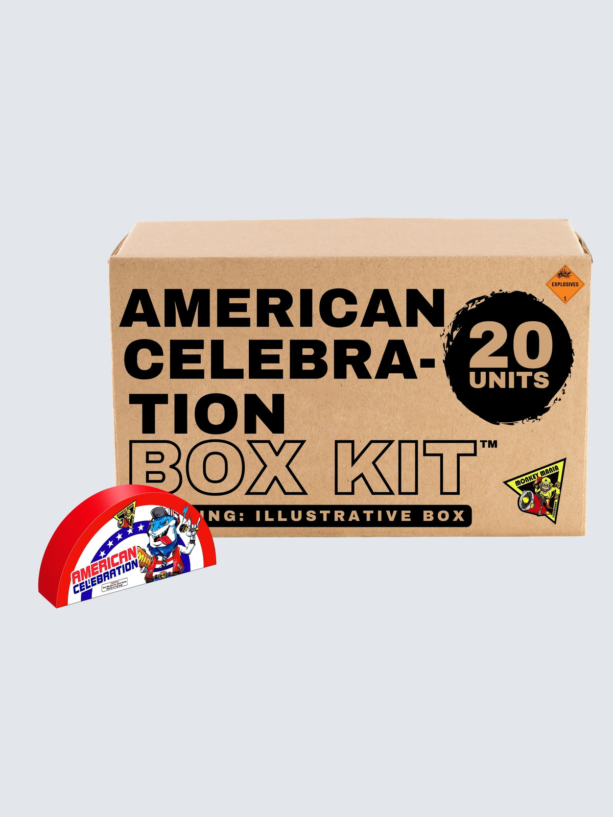 American Celebration Mini 20-unit box kit by Monkey Mania, featuring patriotic red, white, and blue shark-themed fountains.