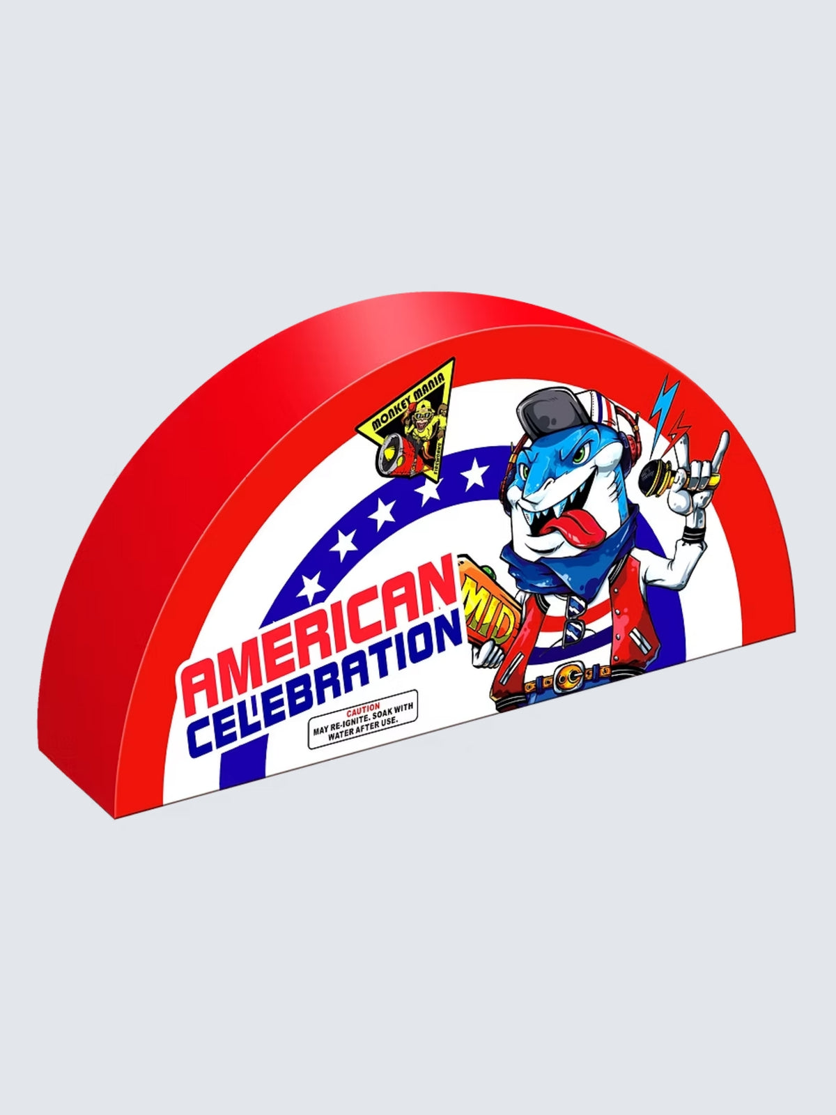 American Celebration fountain by Monkey Mania, featuring patriotic red, white, and blue artwork with a cartoon shark character.