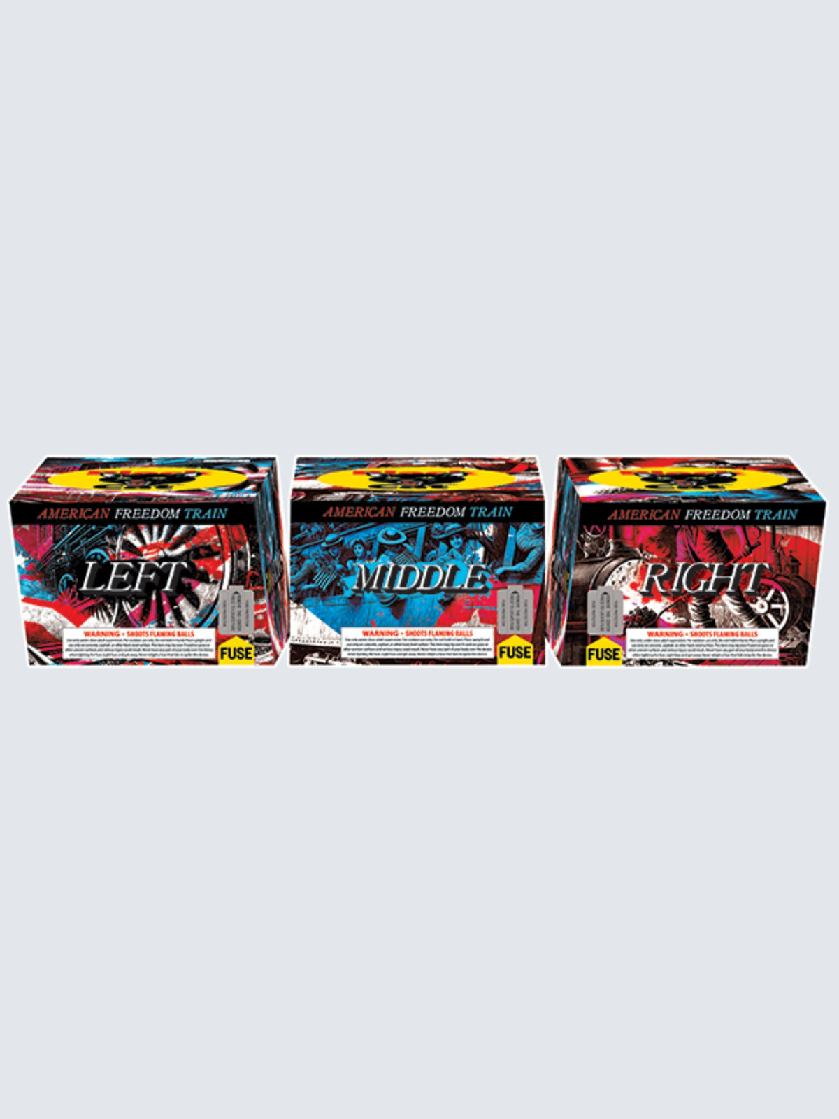 Variant units of American Freedom Train compound cake fireworks. Includes the Left, Middle, Right cakes. Packaging shows patriotic red, white, and blue colors.