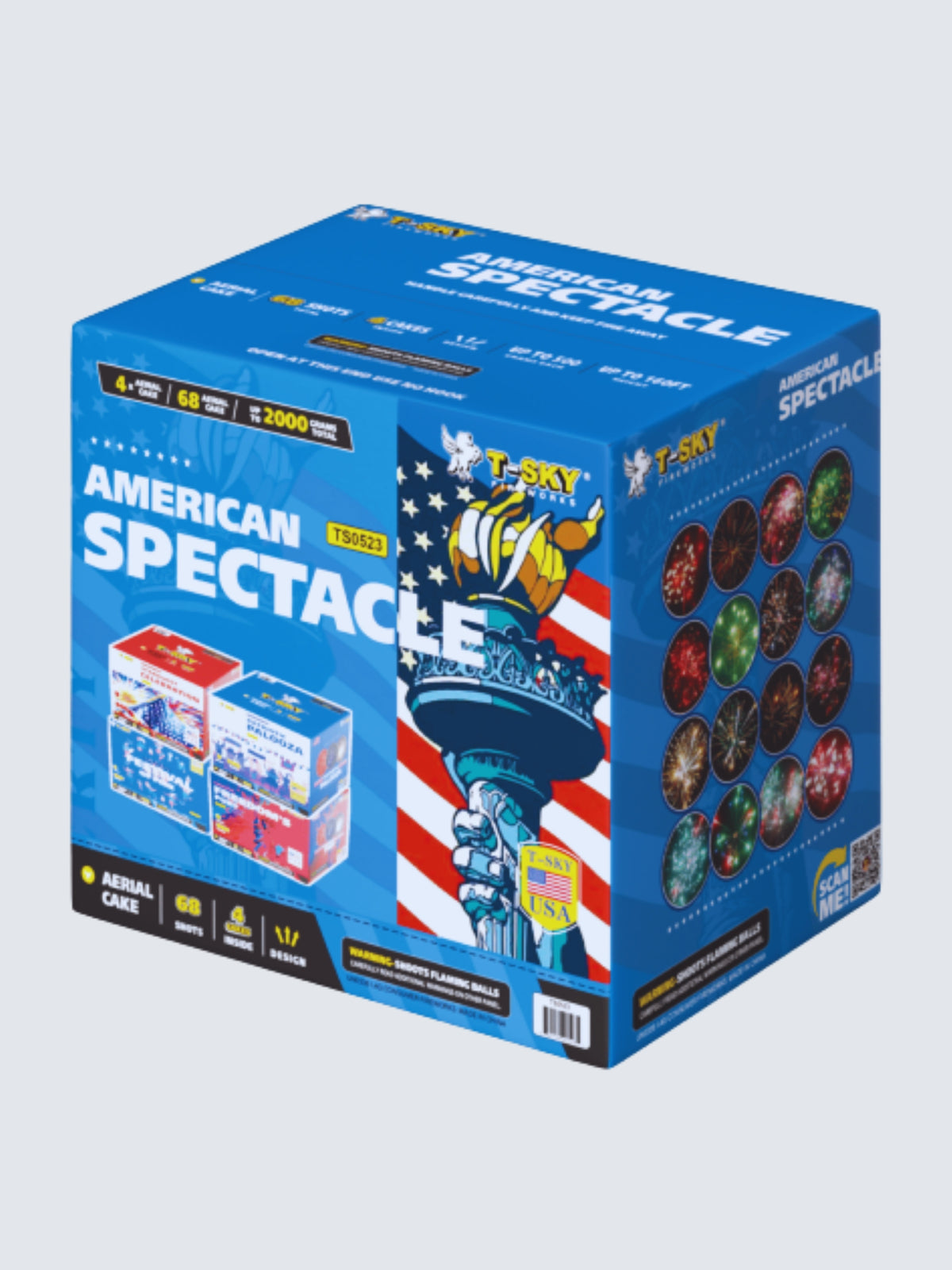American Spectacle 68-shot 2000-gram aerial cake fireworks by T-Sky Fireworks featuring patriotic Statue of Liberty box art.