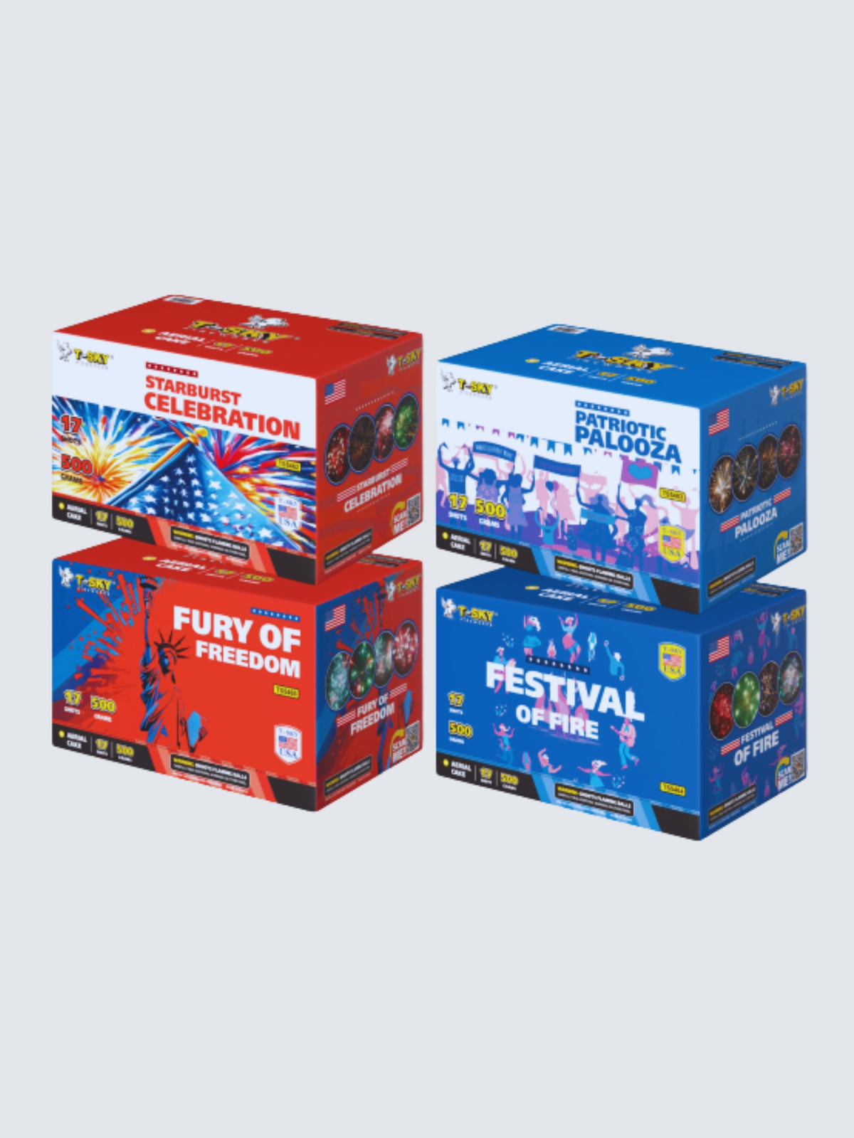 Starburst Celebration, Patriotic Palooza, Fury of Freedom, and Festival of Fire 17-shot 500-gram aerial cakes by T-Sky Fireworks.