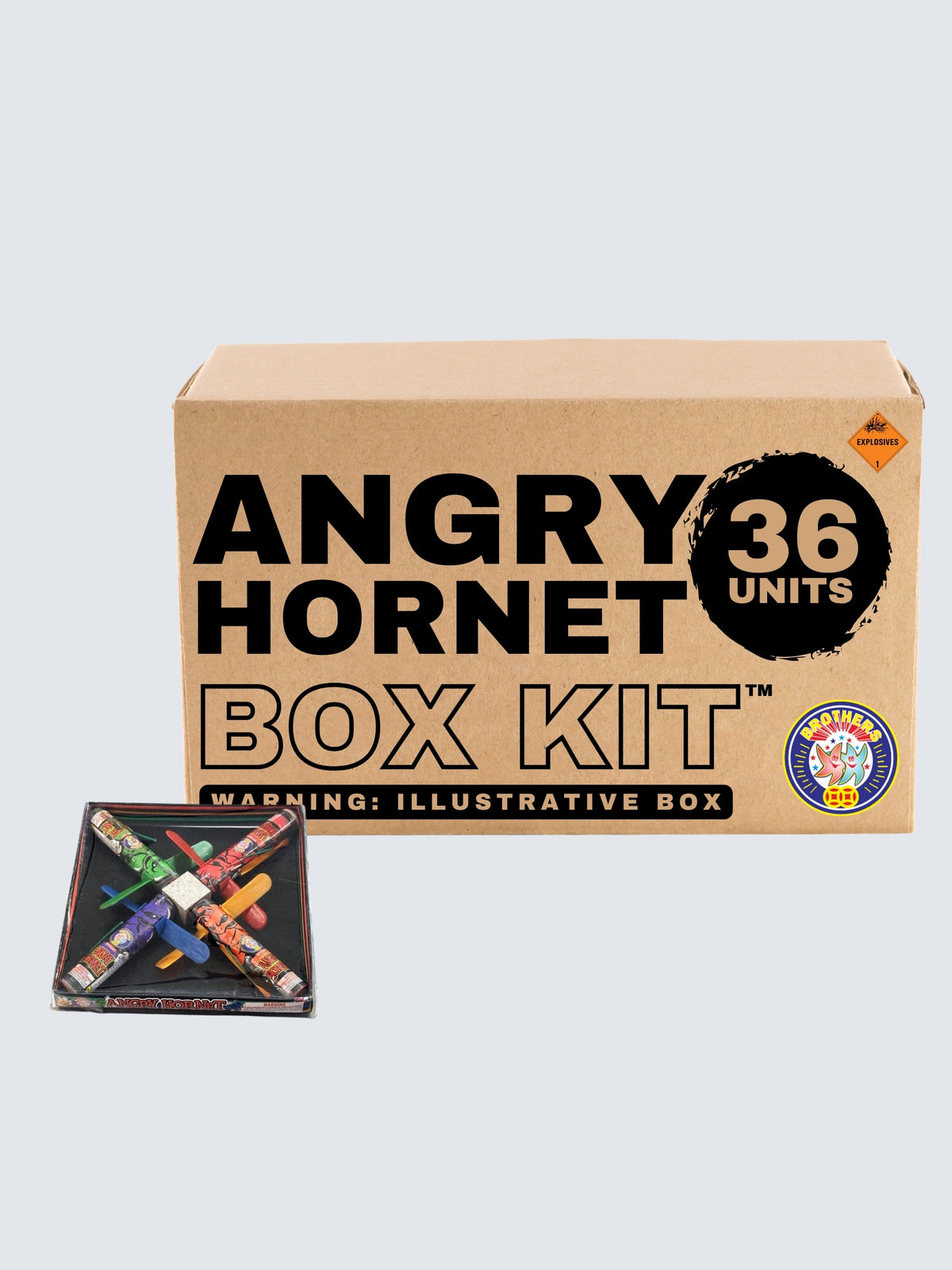 Angry Hornet flying novelty box kit by Brothers Fireworks with 36 units and colorful winged fireworks in a black tray.