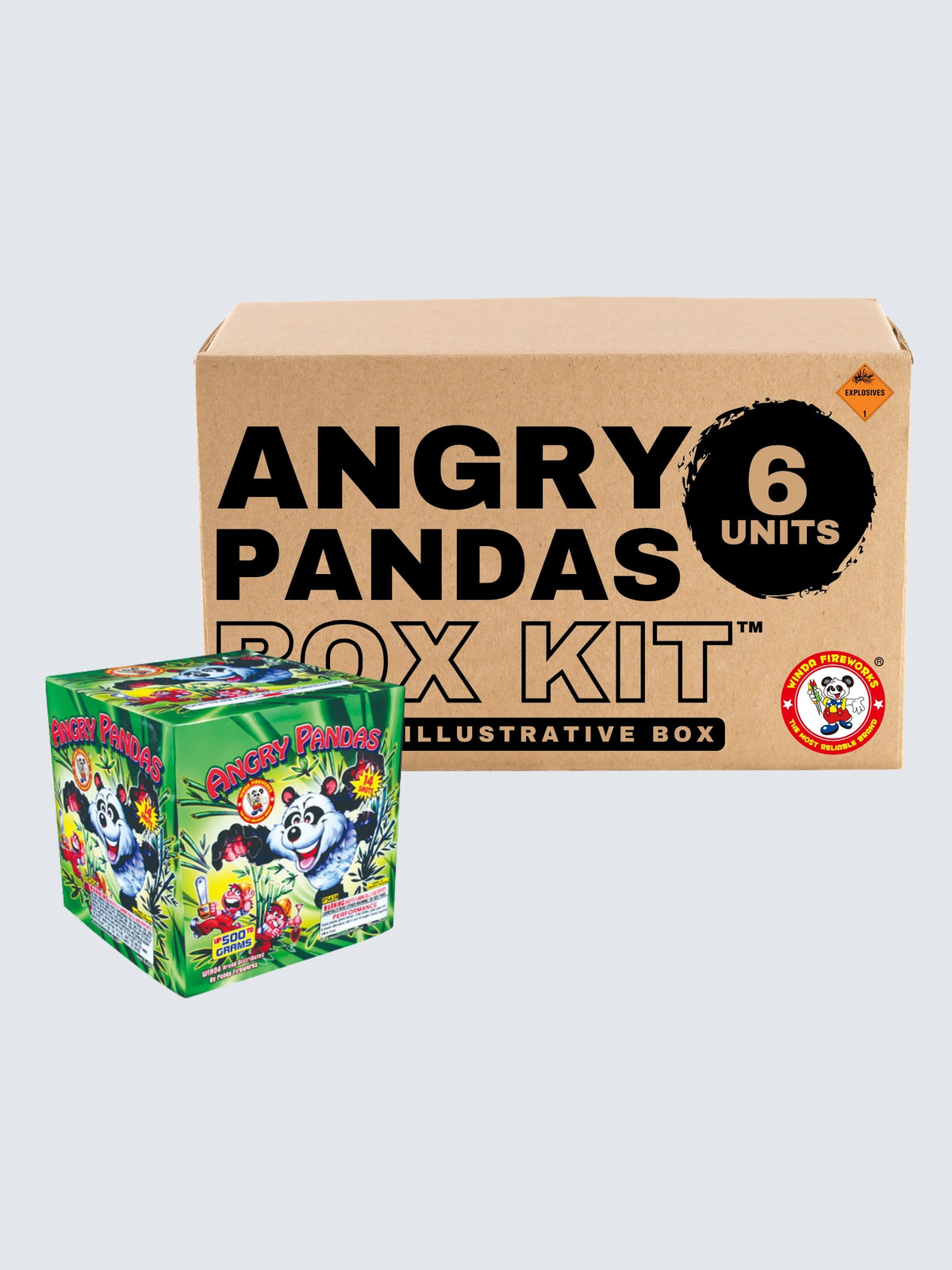 Angry Pandas 14-shot aerial repeater box kit by Winda Fireworks with six units and wild cartoon panda artwork.