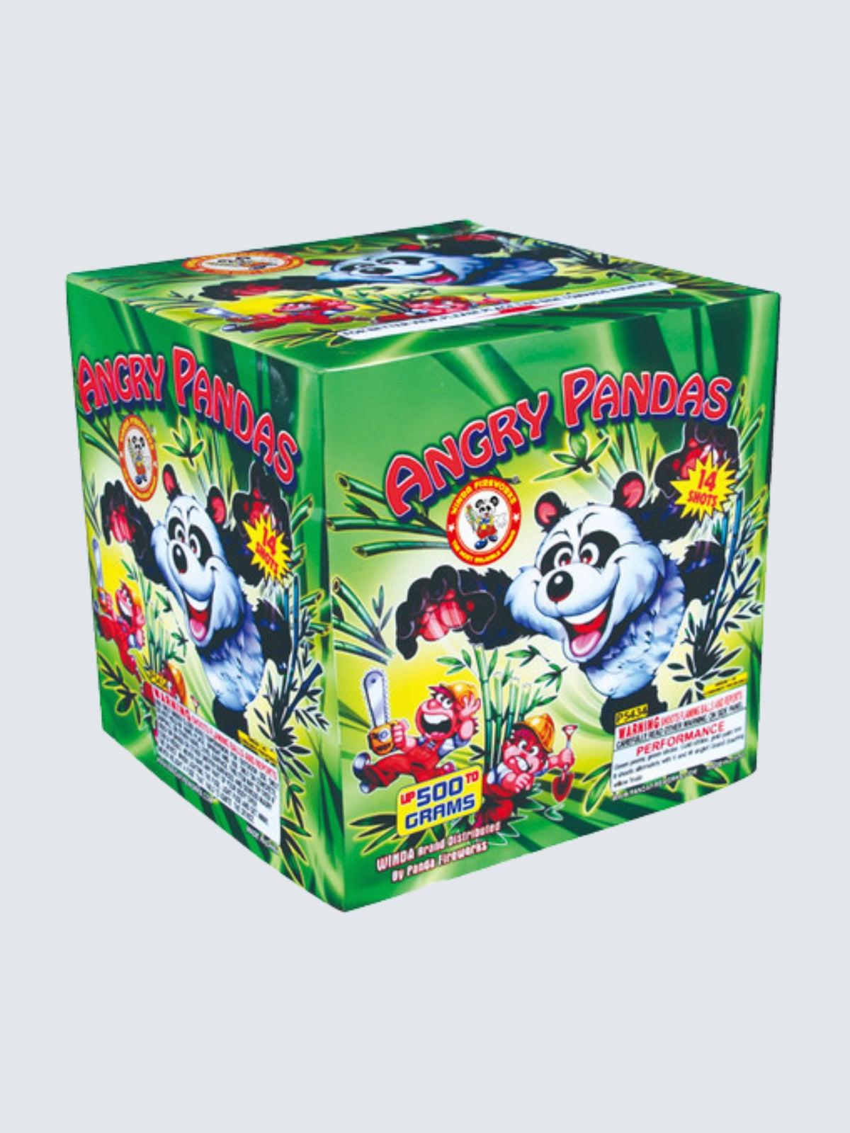 Angry Pandas 14-shot 500-gram aerial repeater by Winda Fireworks featuring cartoon pandas, red monkeys, and green bamboo artwork.